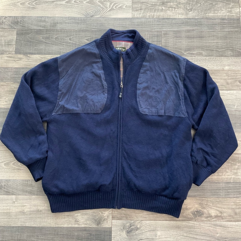 Orvis Wool Shooting Sweater Jacket Mens XXL Navy Full Zip Bomber Hunting Pockets